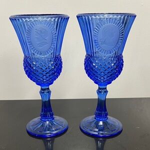 1976 Pair of Avon Fostoria Cobalt Blue George & Martha Washington Goblets 8" Vtg